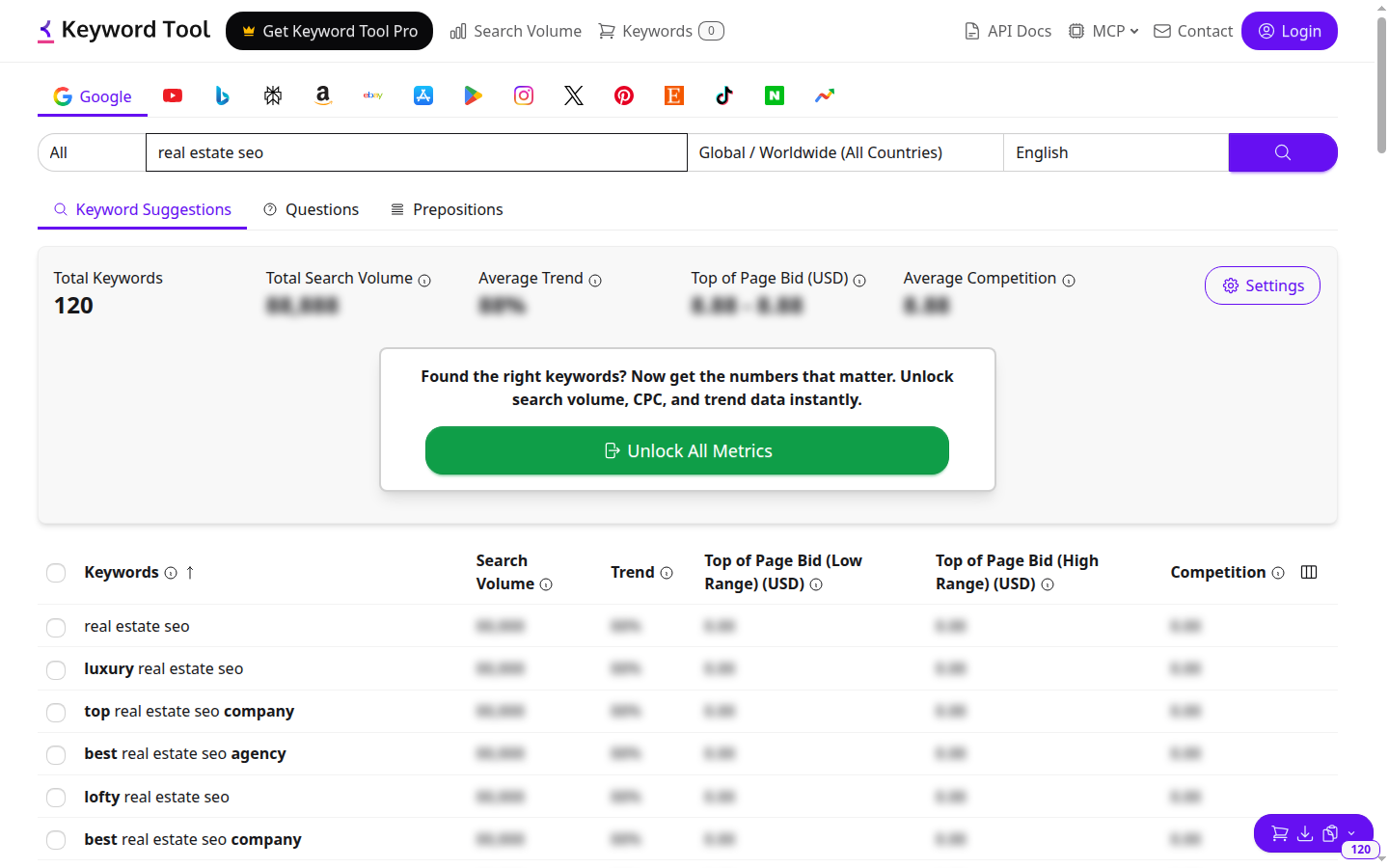 KeywordTool.io showing 120 real estate SEO suggestions while search volume, bid, trend, and competition metrics are blurred
